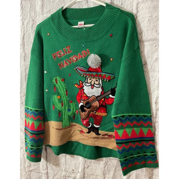 Feliz Navidad! Santa Small Guitar Sequins Bells Christmas Sweater - Picture 3 of 7